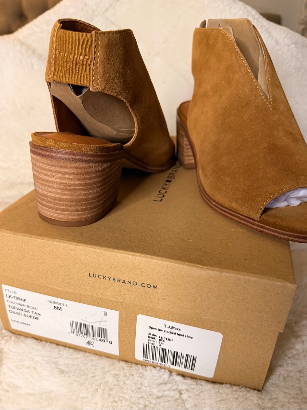 Lucky Brand Women's Suede Peep-Toe Block Heel Sandals - Tan - Picture 2 of 5